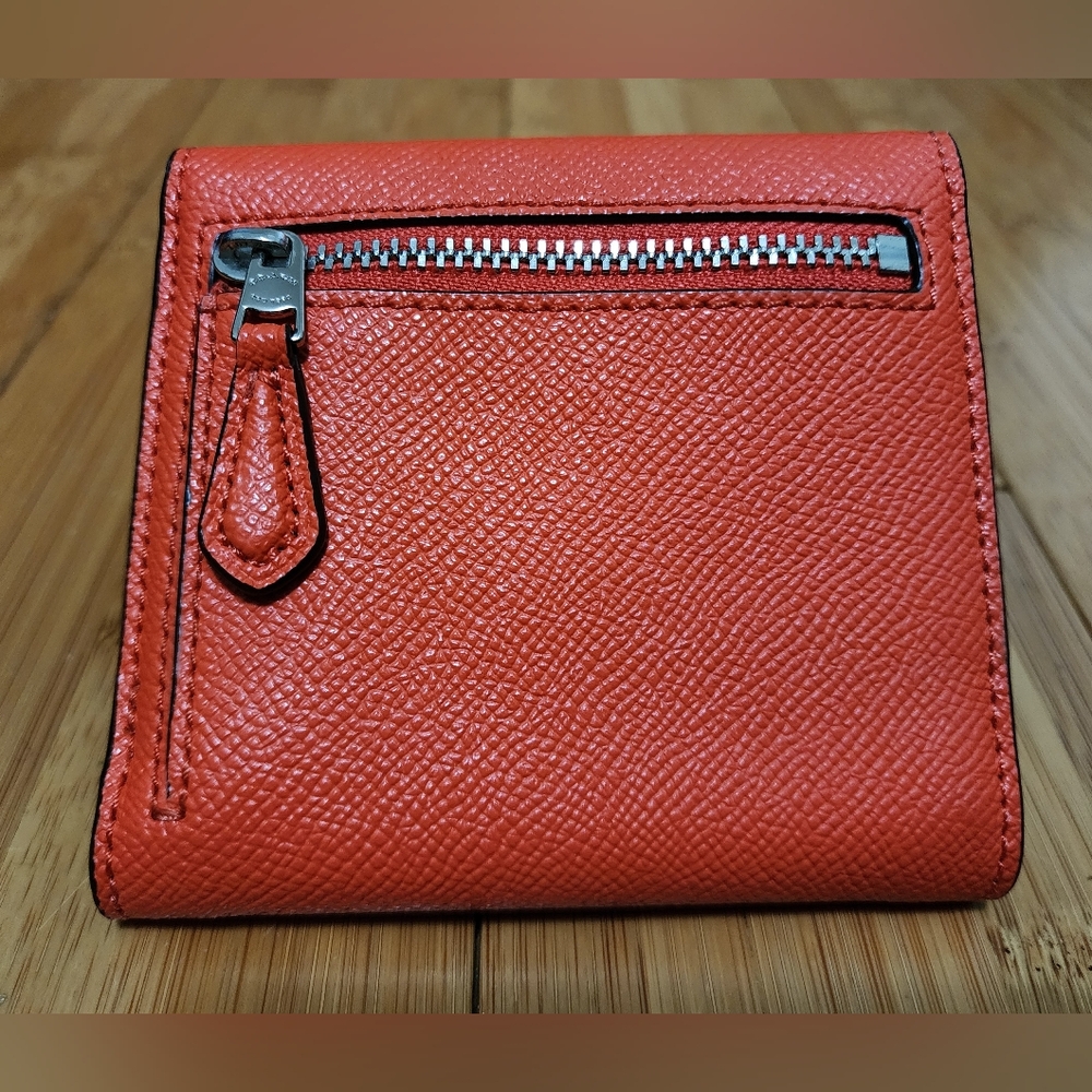 Coach Trifold Snap Small Wallet Coin Orange Crossgrain Pebbled Leather Zipper - Picture 2 of 11